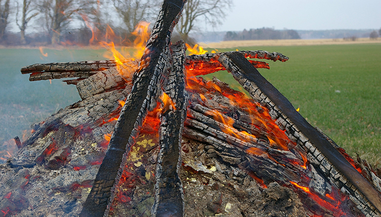 Brinnande brasa på en stor gräsmatta