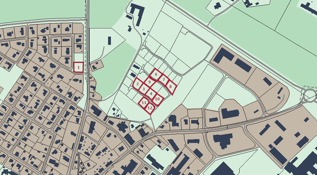 Bilden visar en kartbild över Elisgården och Lassagården med rödmarkering var lediga tomter finns.
